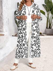 EMERY ROSE Áo khoác ngoài hở phía trước họa tiết hoa cỡ lớn cho nữ tay lỡ - Đen và trắng - Xem 4