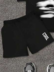 SHEIN Teen Boys Casual Minimalist Print Short Sleeve Round Neck & Shorts Knit Set, Suitable For Summer