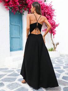 Vivid Eden 女士休闲度假黑色 100% 纯棉串珠长裙，交叉露背设计，女士夏季服装、度假服装、波西米亚风女装、狂欢节服装、女士海滩服装