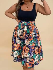 SHEIN VCAY Vestido informal de verano de talla grande estilo boho con estampado floral patchwork y sin mangas