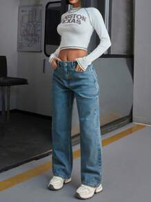 EURMUSE Comfort High Waist Straight Leg Jean Tinted Women S Outfits Work Outfits For Women Jean Outfit Women Women S Cargo Pants Women S Sets Women Clothing Y2k Women Summer Clothing Woman S Summer Clothes Women Summer Sets - Medium Wash - View 1