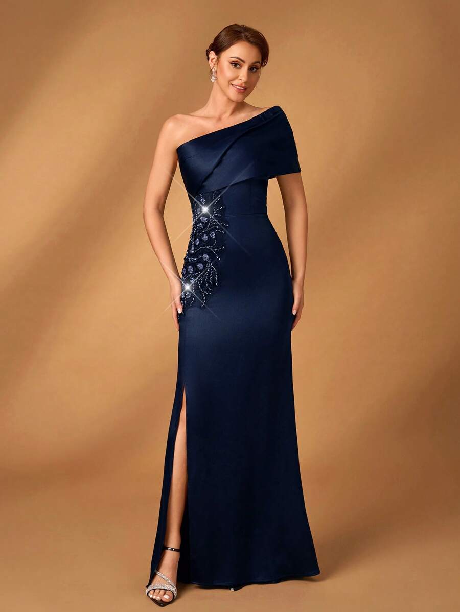 Serin Elegantes luxuriöses marineblau-satiniertes Kleid mit einer Schulter, plissiert, Meerjungfrausaum, verziert, geeignet für Abendpartys, Dates, Bankette, Hochzeiten, Brautmutter