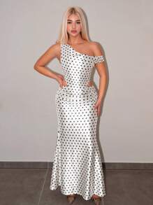 SHEIN ICON Satin Polka Dot Print One-Shoulder Top And Low Waist Skirt Set - Black and White - View 12
