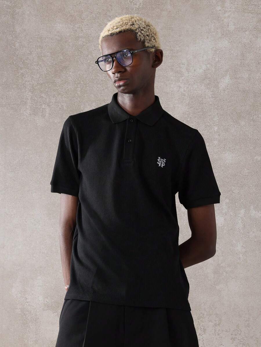 SUMWON Luxury Ribbed Essential Polo Shirt Designer Classic Textured Short Sleeve Athletic Modern Business Casual Smart Collared Top Autumn Spring Streetwear Summer - Black - View 1