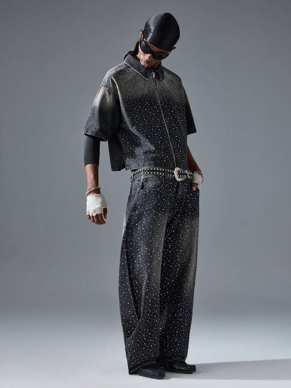 Men's Street Fashion Rhinestone Decor Denim Short Sleeve Shirt, Streetwear Edition
