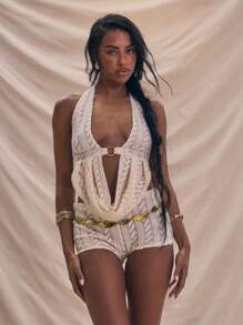 MUSERA 纹理针织露背领超低胸镂空圆环细节垂坠上衣节日狂欢伊比沙岛西部外出上衣