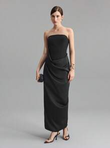 Ontre 2025 新款女士连衣裙，黑色露肩褶皱婚礼宾客礼服，雕塑感廓形女士长裙，春夏 - 黑色 - 查看 5