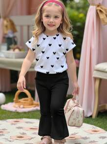 SHEIN 2 件女童休闲卡通图案圆领短袖上衣和喇叭裤套装，夏季