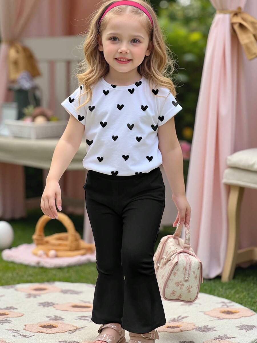 SHEIN 2 件女童休闲卡通图案圆领短袖上衣和喇叭裤套装，夏季