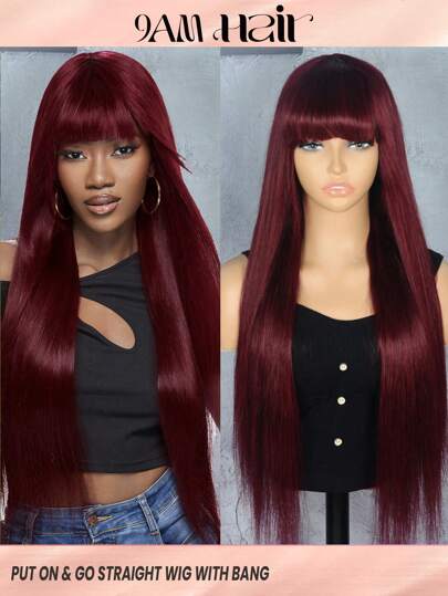 Straight Human Hair Wigs With Bangs Burg None Lace Frontal Full Machine Made Human Hair Wigs For Women 99J Color Halloween Costumes