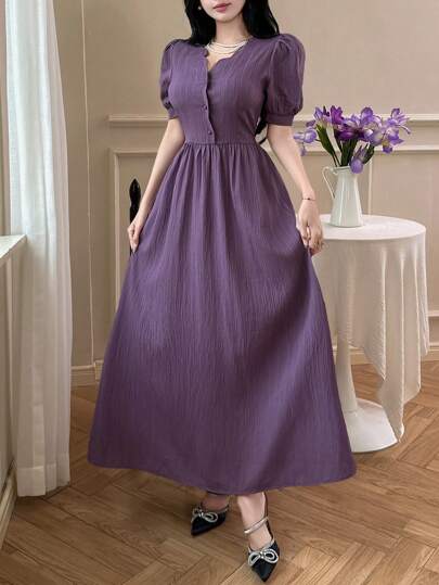 Feyla 女士优雅纯色泡泡袖连衣裙