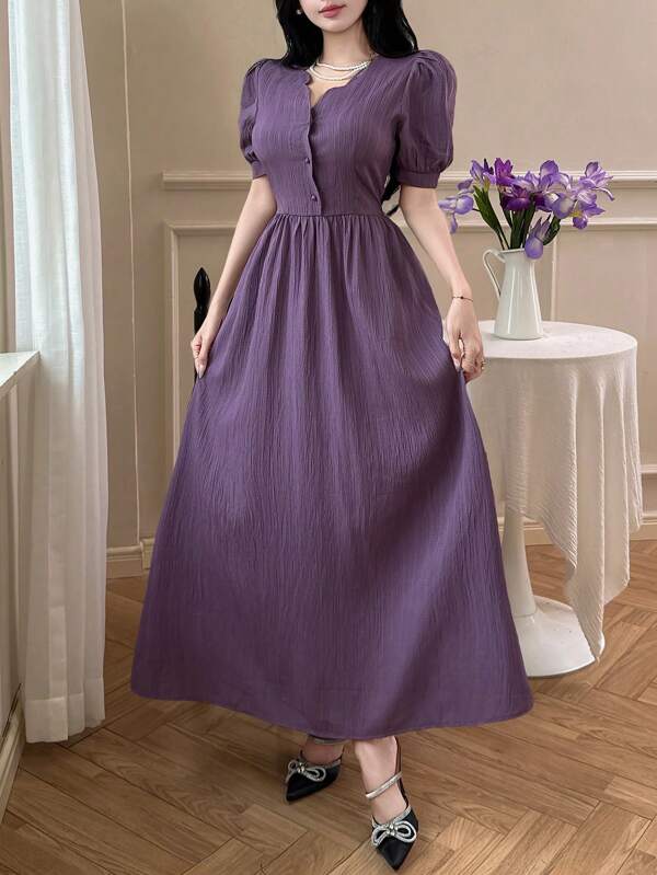 Feyla Women Elegant Solid Color Puff Sleeve Dress
