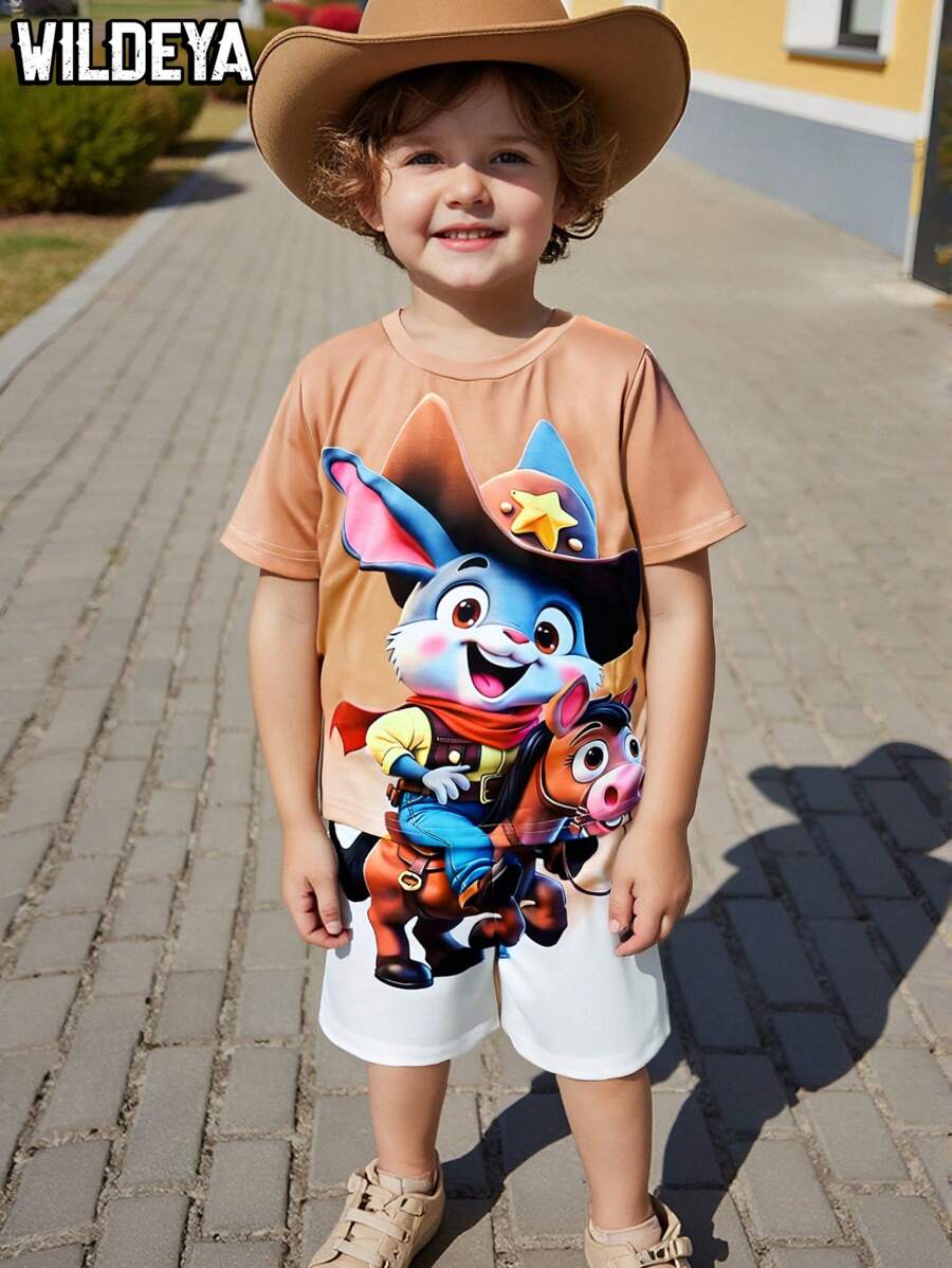 SHEIN 2025 Spring/Summer New Toddler Boys Cute Western Rabbit Print 2pcs Set,Casual Comfortable Boy Clothes For Everyday Outdoor Play & Family Vacation - Grey - View 1