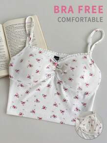 SHEIN Unity Women's Ditsy Floral Lace Patchwork Cropped Camisole With Padding, Slim Fit, Spring/Summer. Vacation Style. - White - View 1