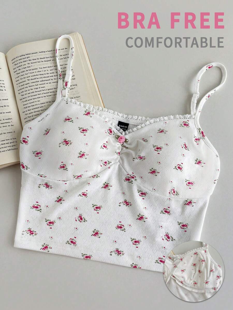 SHEIN Unity Women's Ditsy Floral Lace Patchwork Cropped Camisole With Padding, Slim Fit, Spring/Summer. Vacation Style. - White - View 1