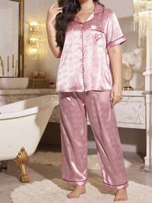 SHEIN MuseNap CURVE Plus Size Silk-Like Brocade Heart Pattern Front Open Pajama Set - Pink - View 6