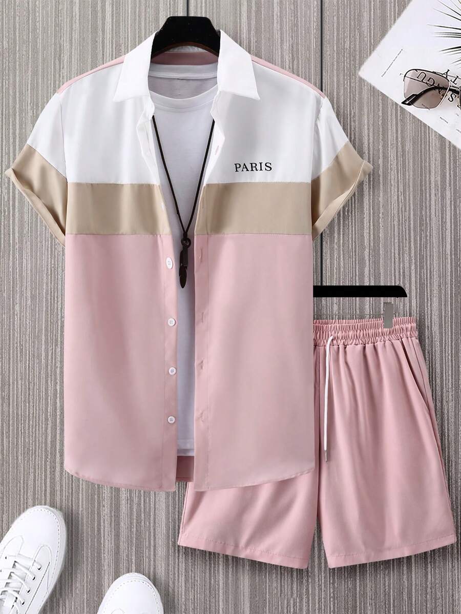 Manfinity Homme Plus Size Men's Letter Print Color Block Short Sleeve Shirt & Shorts Casual 2 Pieces Set - Multicolor - View 1