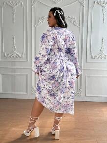 Lyrianda Vintage Blue And White Floral Print Square Neck Asymmetric Ruched Waist Cinching Fashion Dress Maxi Women Outfit