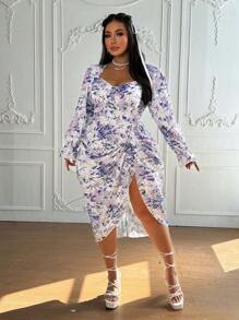 Lyrianda Vintage Blue And White Floral Print Square Neck Asymmetric Ruched Waist Cinching Fashion Dress Maxi Women Outfit