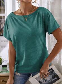 EMERY ROSE Women's Solid Color Asymmetric Neck Casual Short Sleeve T-Shirt - Cadet Blue - View 4