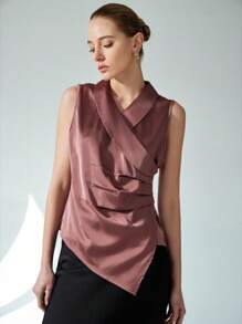 SHEIN Privé Áo vest không tay cổ bẻ bất đối xứng dành cho nữ - màu nâu - Xem 3