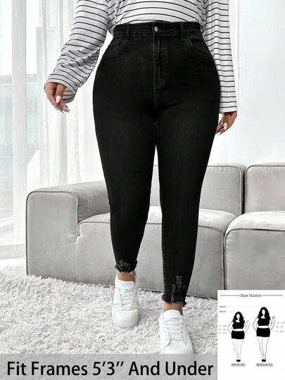 SHEIN PETITE CURVE Plus Size Women's Black Denim Elastic Skinny Jeans, Fall Women Clothes