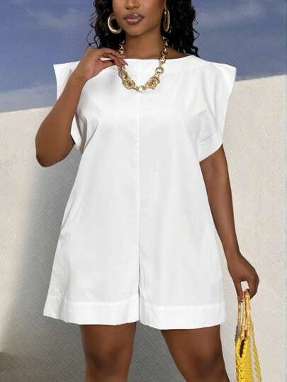 Slaydiva Plus Size Women's Casual, Vacation & Outing Solid White Loose Minimalist Short Jumpsuit, Spring/Summer