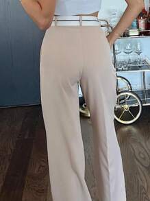 RueChic Slant Pocket Wide Leg Suit Pants - Beige - View 2