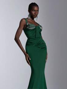 Elitara 优雅华丽绿色手工渐变烫钻宽肩吊带桃心系带修身鱼尾拖尾连衣裙适合约会单身派对毕业典礼婚礼活动厚重晚礼服，正式礼服，晚间，婚礼宾客 - 綠色 - 查看 5