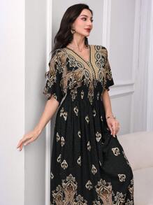 SHEIN Lacomfia 女士休闲印花 V 领短袖优雅连衣裙 - 黑色 - 查看 5