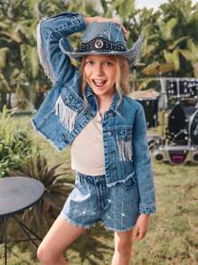 SHEIN Tween Girls Casual Light Blue Washed Denim Shorts, Summer Y2K - Light Wash - View 3