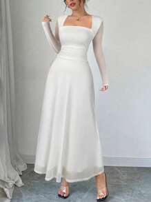 Firerie 女士红黑方领长袖百褶腰连衣裙，适合春夏秋季，适合日常通勤、度假、茶会、婚礼嘉宾 - 白色 - 查看 1