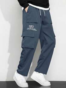 Manfinity Hypemode Loose Men Slogan Graphic Flap Pocket Side Drawstring Cargo Pants - Blue - View 5