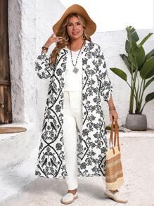 EMERY ROSE Áo khoác ngoài hở phía trước họa tiết hoa cỡ lớn cho nữ tay lỡ - Đen và trắng - Xem 5