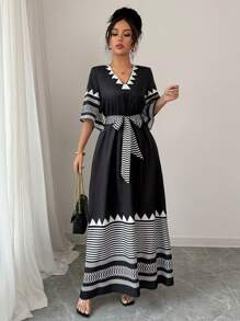 Chiquease 女士 V 领短袖印花 A 字裙，波西米亚风格，休闲，海滩，定制印花，适合日常穿着 - 黑色 - 查看 5