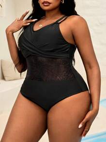 SHEIN Swim Curve 1 件大码女式黑色交叉 V 领镂空蕾丝拼接连体泳衣 - 黑色 - 查看 4
