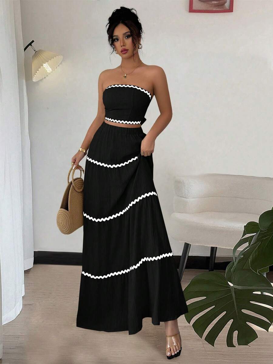 Rafferiza 2件套女士优雅拼接丝带抹胸上衣和裙子套装 - 黑色 - 查看 1