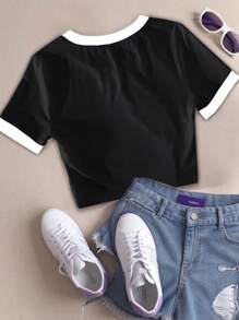 Flirla 字母图案撞色边饰休闲 T 恤，适合夏季