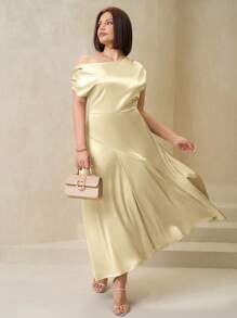 SHEIN Clasi Vestido asimétrico de mujer talla grande de primavera, con hombros recogidos en satén, elegante y con estilo