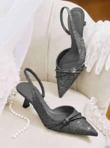 CUCCOO HITCHD Pointed Toe Glittering Low Heel Comfortable Fashionable Versatile Rhinestone Decor Women Backless High Heel Pumps