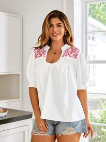 KURAYIA Plus Size Holiday Casual Embroidered Notch Collar Shirt - White - View 4