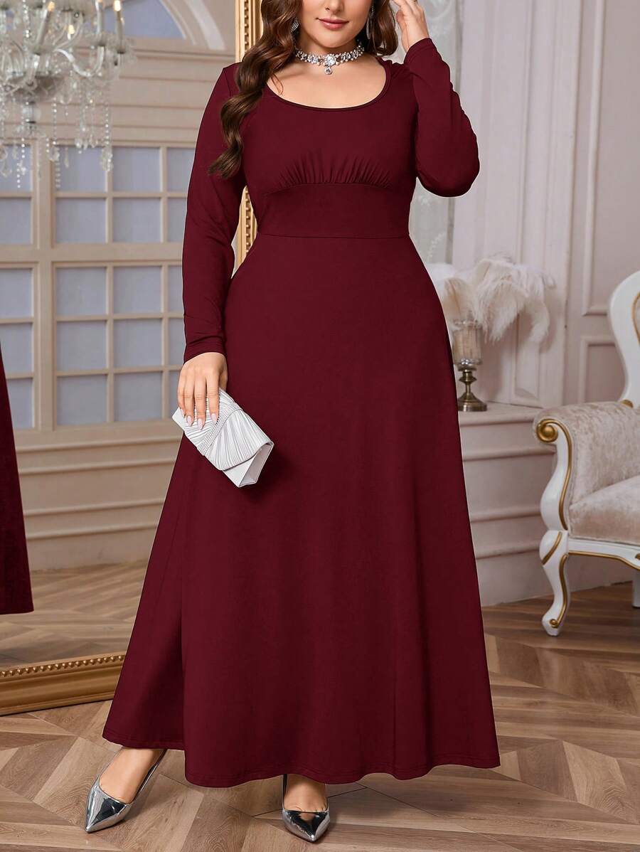 Firerie Plus Size Women's Casual Elegant Minimalist Commuting Daily Wear Square Collar Ruched Tie Long Sleeve Elastic A-Line Dress, Spring/,New Year Formal Red Dresses For Women - Red - View 1
