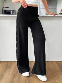 EURMUSE Buttoned Elegance: Side Detail Knit Trousers Women - Black - View 1