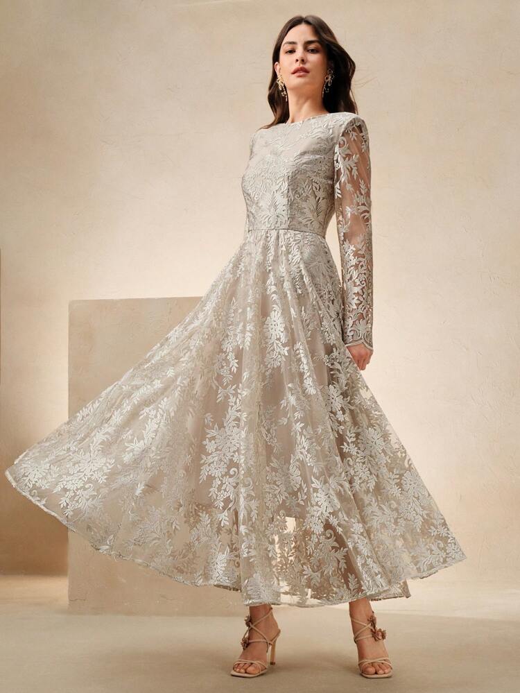 Vestido de manga larga de lujo y alta gama, elegante vestido de invitada de boda con encaje y una gracia sutil