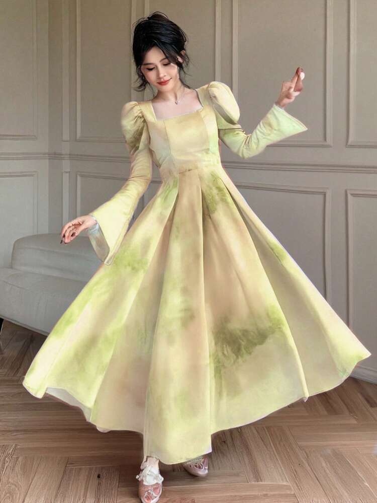 Women Elegant Gradient Puff Sleeve Holiday Midi Dress, New Summer Style,Ruffle