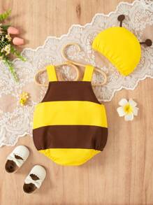 SHEIN Playful Pals 2 件蜜蜂主题女婴服装，可爱有趣的风格适合派对和日常穿着，夏季套装