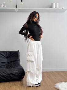 Coolane 黑色带盖口袋侧抽绳腰部降落伞工装裤 - 白色 - 查看 6