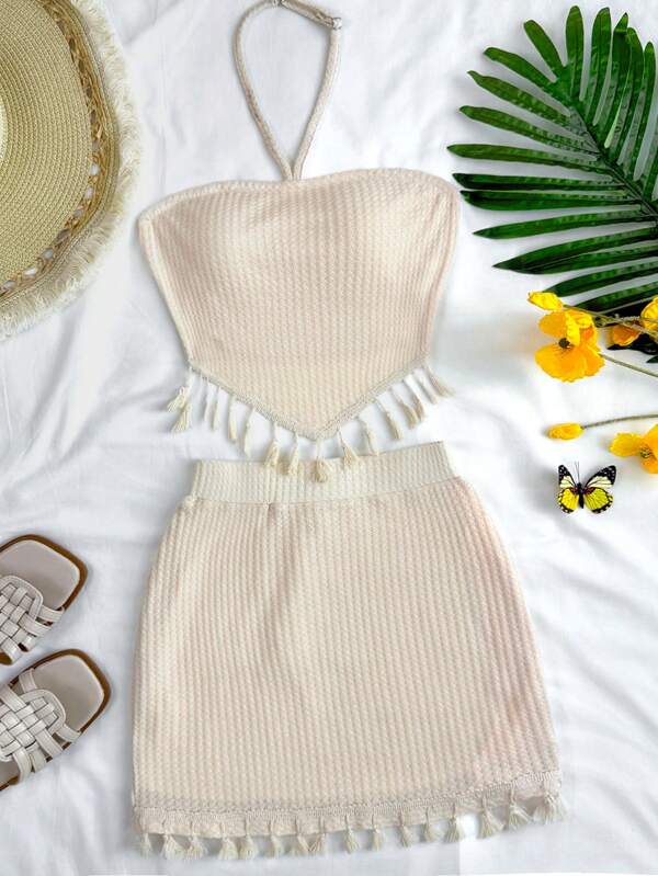 SHEIN Conjunto de dos piezas de top halter sin espalda con flecos tipo bohemio y falda de ajuste ceñido para adolescentes en verano - un atuendo de vuelta al colegio, lindo, para ocasiones al aire libre como picnics familiares en primavera, y uso diario