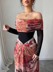 Rafferiza 优雅浪漫性感修身露肩长裙 - 橘色 - 查看 6