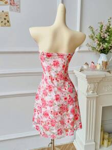 INAWLY Women's Floral Print Front Knot Bandeau Short Dress, Vacation Wear - Pink - View 4